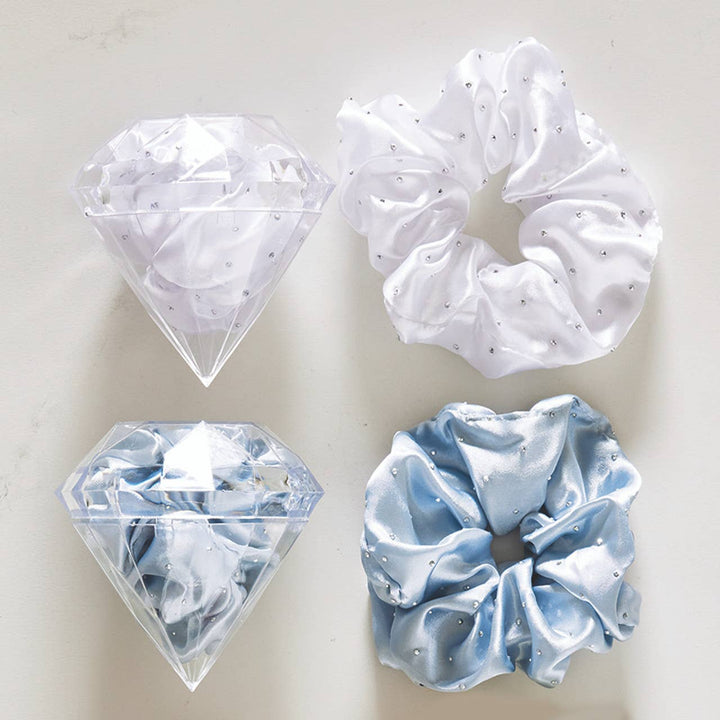 Large Satin Rhinestone Scrunchie in Diamond Ornament - Blue: 100% Polyester / 4.25" Dia